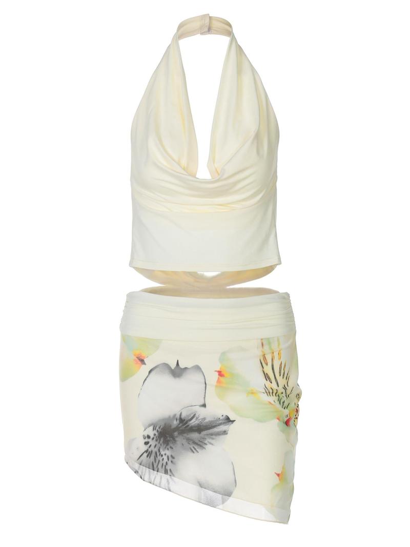 Two-piece Set Women's Mesh Spliced Cowl Neck Sleeveless Halter Tank Top & Floral Print Skirt, Backless Tie Back Tank Top Irregular Hem Mini Short Skirts, Party Club Holiday Casual Outfits Summer Clothes, Fashion Style Sets