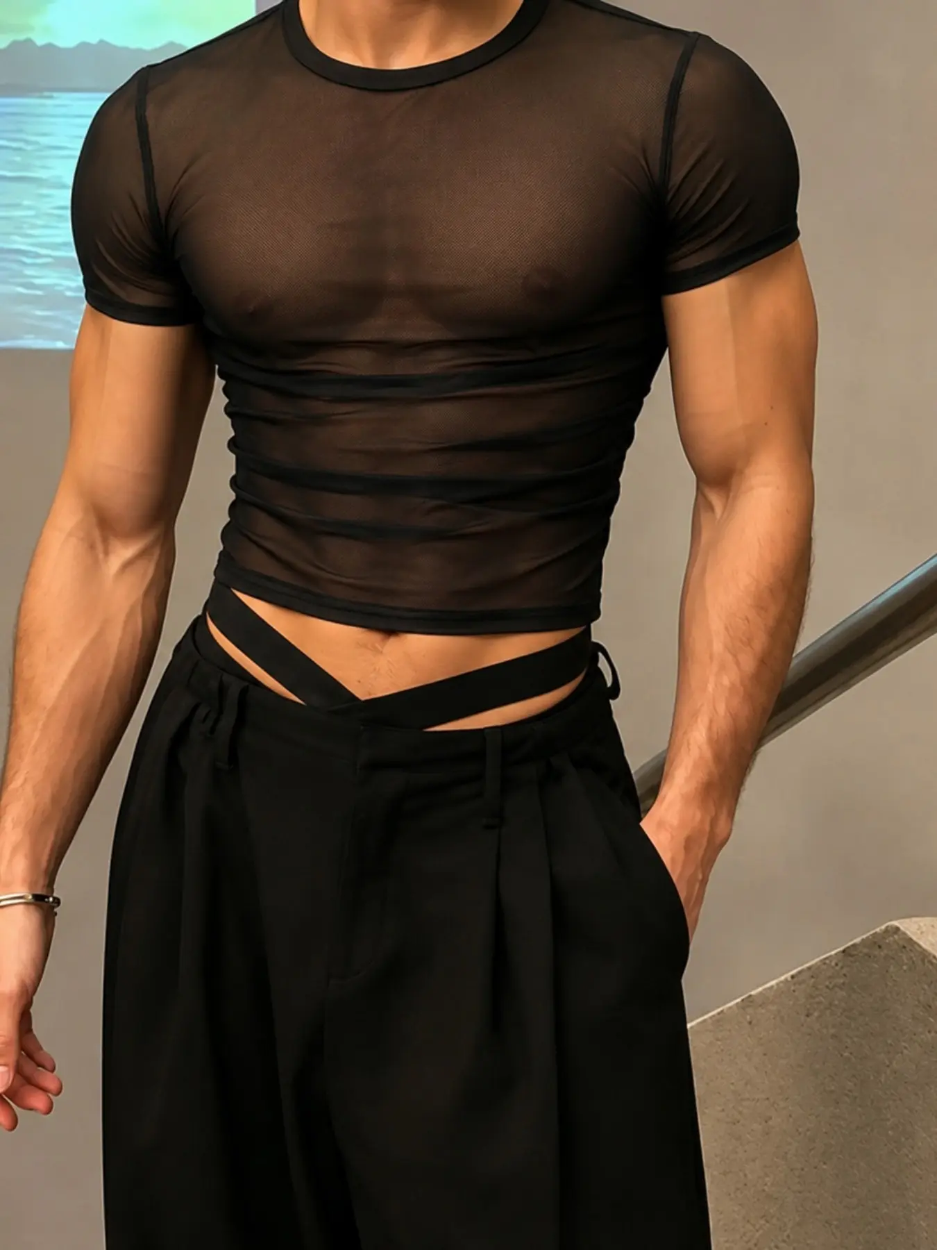 Men's Sheer Mesh Short Sleeve T-Shirt, Punk Gothic Style, Side Cutout Ruched See Through Design, For Nightclub Party Bar Summer Daily Wear