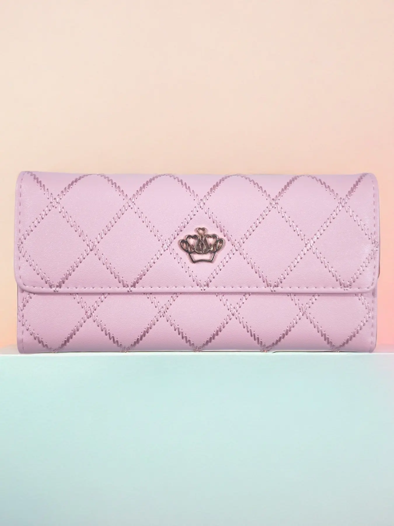 Women's Quilted Long Wallet, PU Leather Crown Decor Handbag, Multi-Card Slot ID Window Flip Cover, Large Capacity Coin Purse