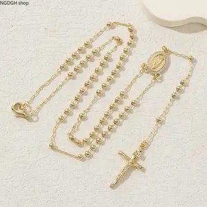 Virgin Mary Necklace - Gold Rosary-Style Chain with Crucifix, Elegant Religious Pendant Jewelry, Ideal for Everyday Layering & Spiritual Faith Statement
