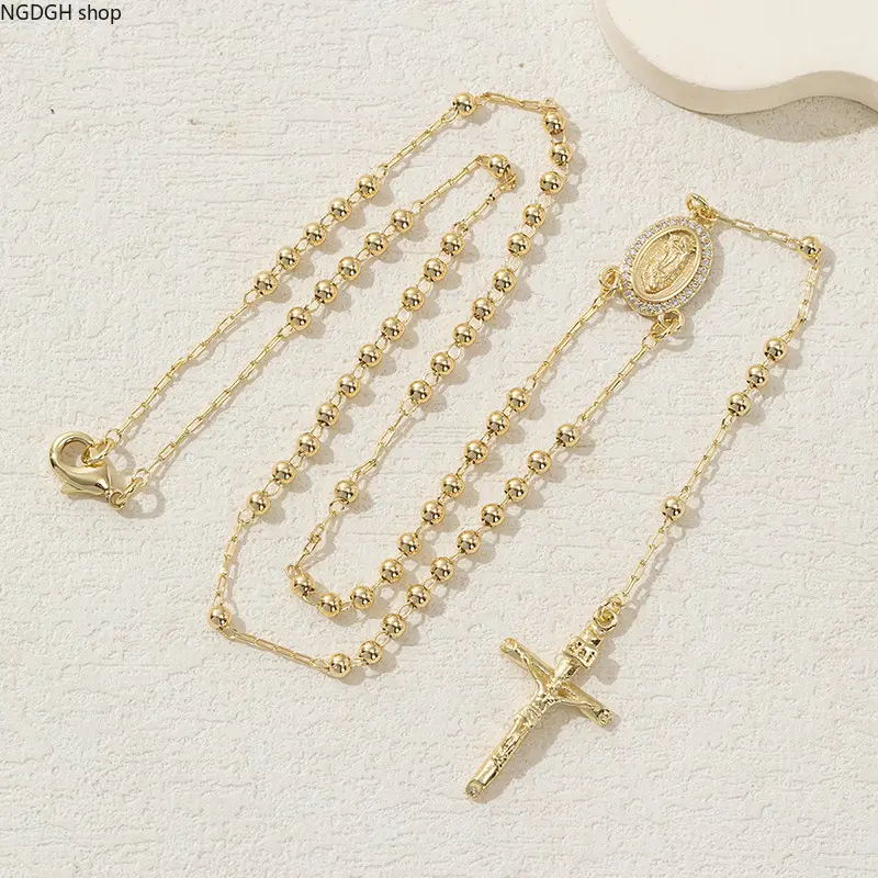 Virgin Mary Necklace - Gold Rosary-Style Chain with Crucifix, Elegant Religious Pendant Jewelry, Ideal for Everyday Layering & Spiritual Faith Statement