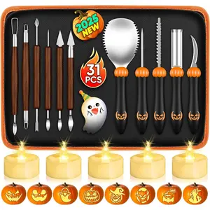 31 PCS Professional Pumpkin Carving Kit with Stencils Candles Carrying Case, Pumpkin Carving Tools Knife Set for Adults Kids Family Halloween Party