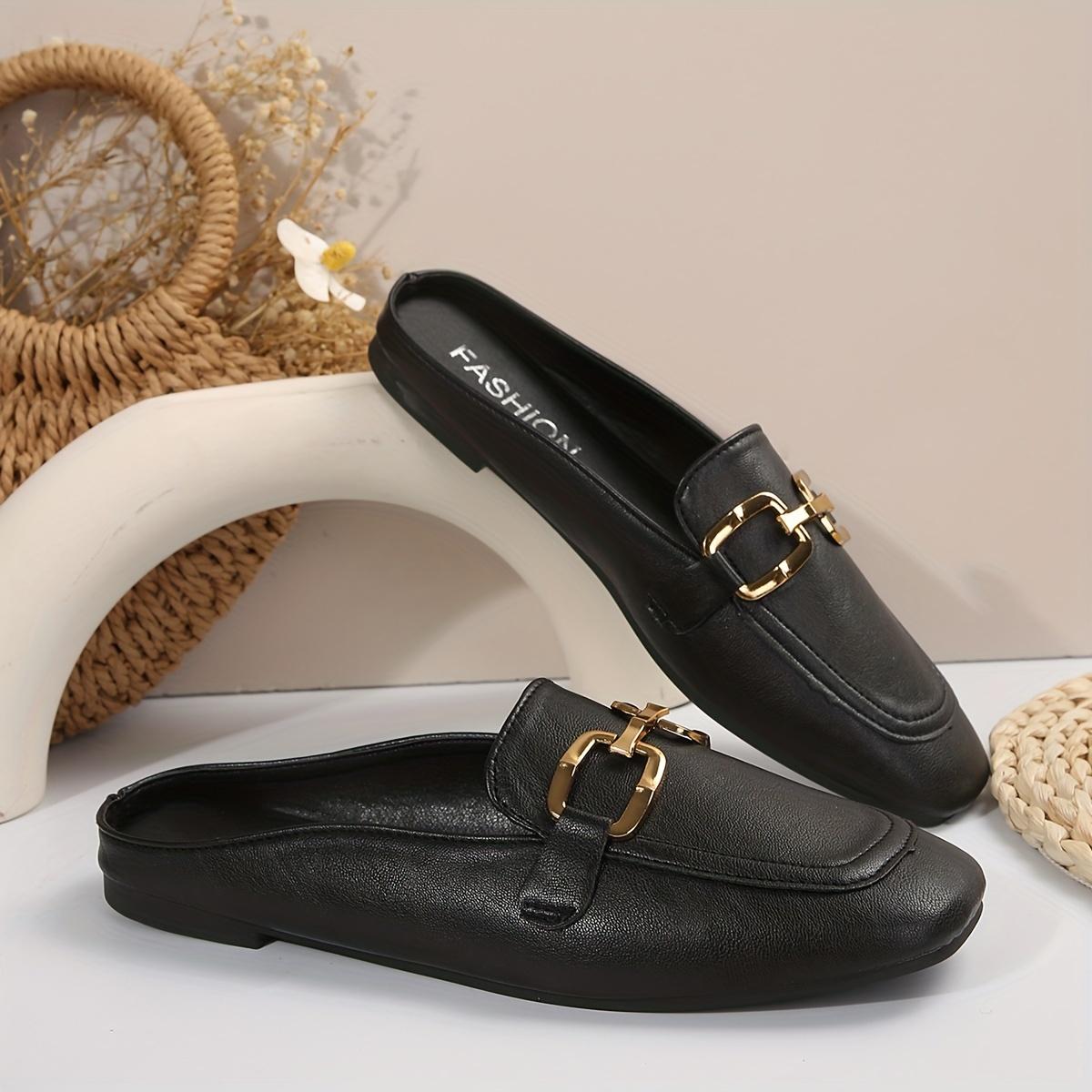 Women's Square Toe Flat Mules, Metallic Buckle Decorated Slip-On Backless Loafers, Fashionable Outdoor Slippers Set viral comfort shoes  trend