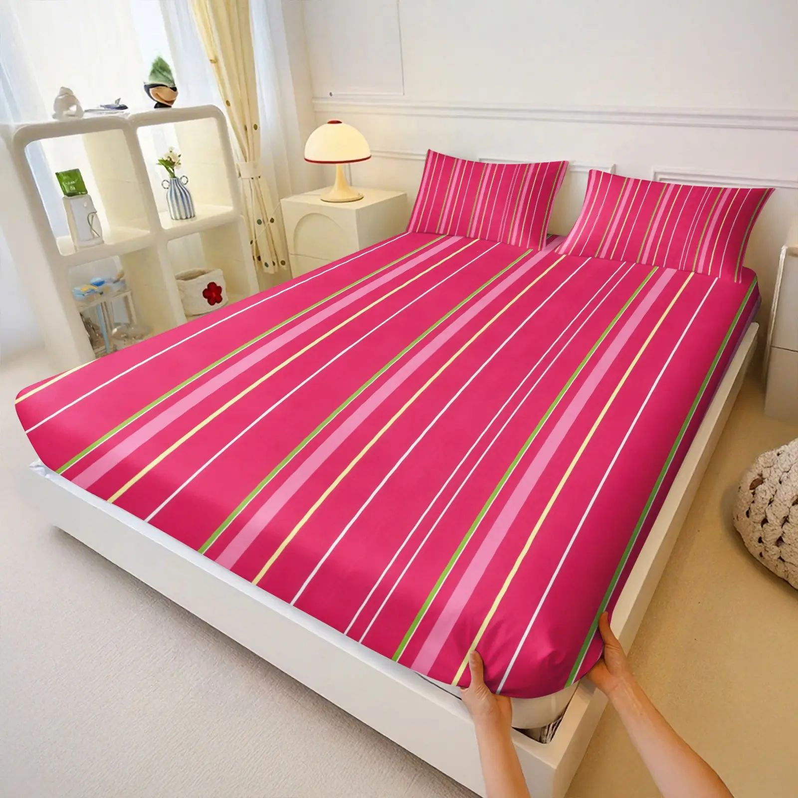 3PCS Dopamine Colorful Vertical Stripes Fitted Sheet Set, Modern Simple Print, Soft Fiber, Deep Pocket, Wrinkle Resistant & Cozy, For Bedroom & Dorm, Multiple Colors Available