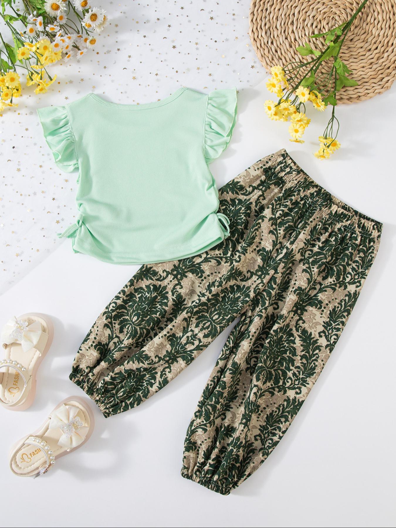 Toddler Girl's Ditsy Floral Print Frill Trim Ruffle Tee & Pants Set, Casual Soft Comfy Short Sleeve T-shirt & Trousers for Summer, Kids Clothes for Daily Wear