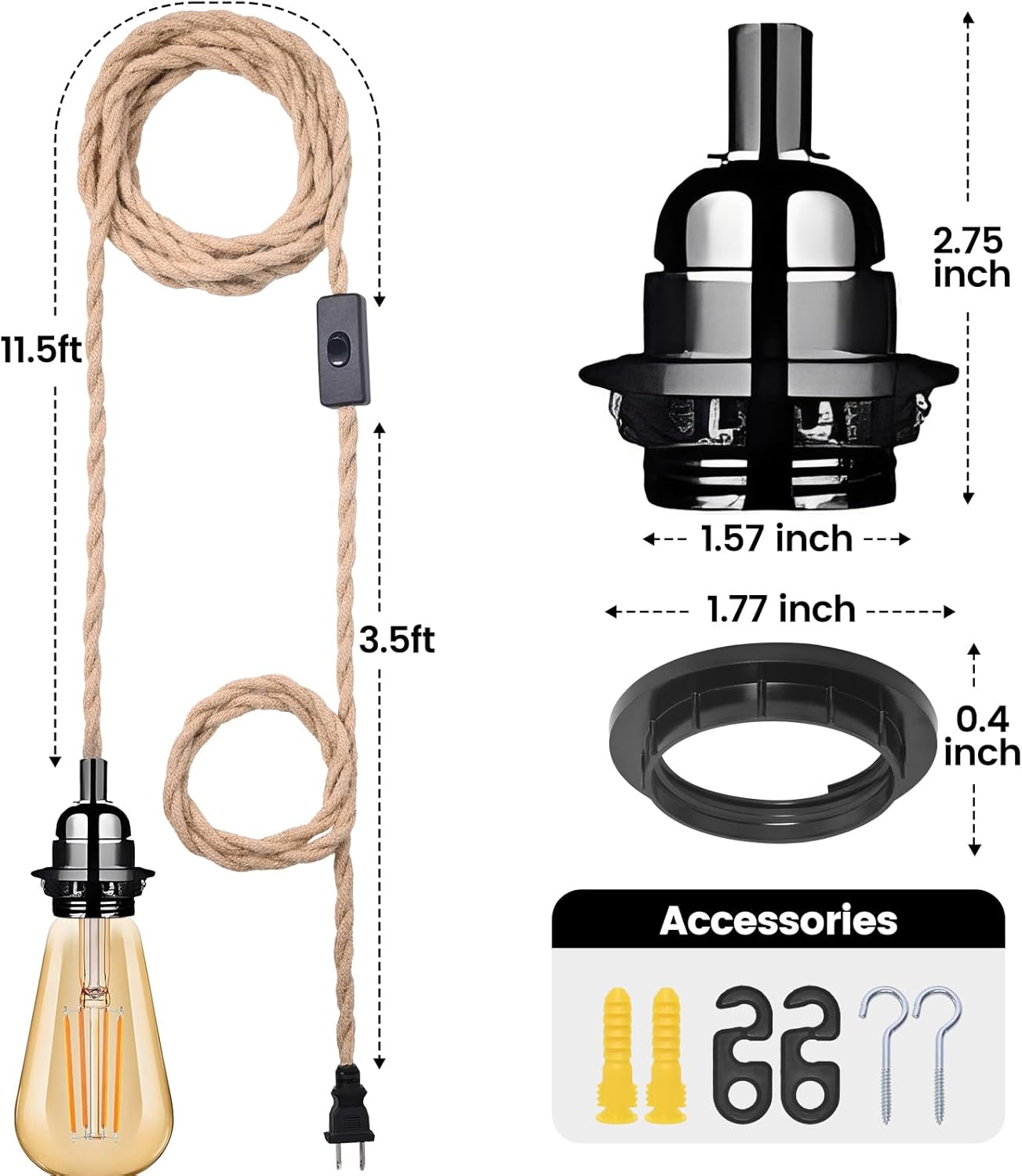 Plug in Pendant Light Cord, Industrial Hanging Light Kit with 15FT  Rope, E26 E27 Light Socket Base for Hanging Lamp Kit, Hanging Light Cord with On/Off , Ideal for Room Decor