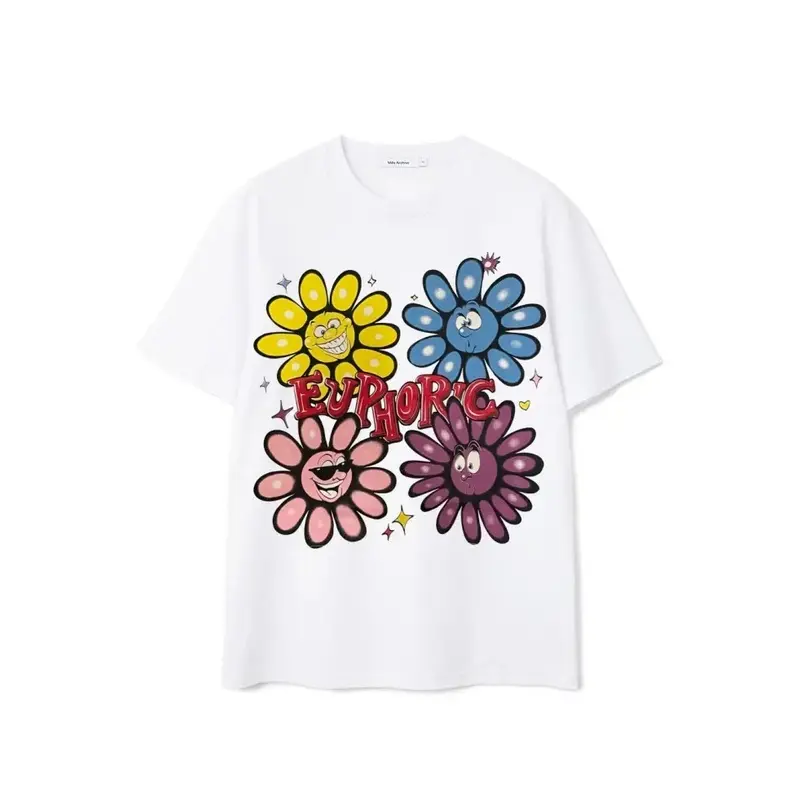 Women's Oversized Short-Sleeve Round Neck Euphoric Expression Tee - White Casual Fabric Print Top