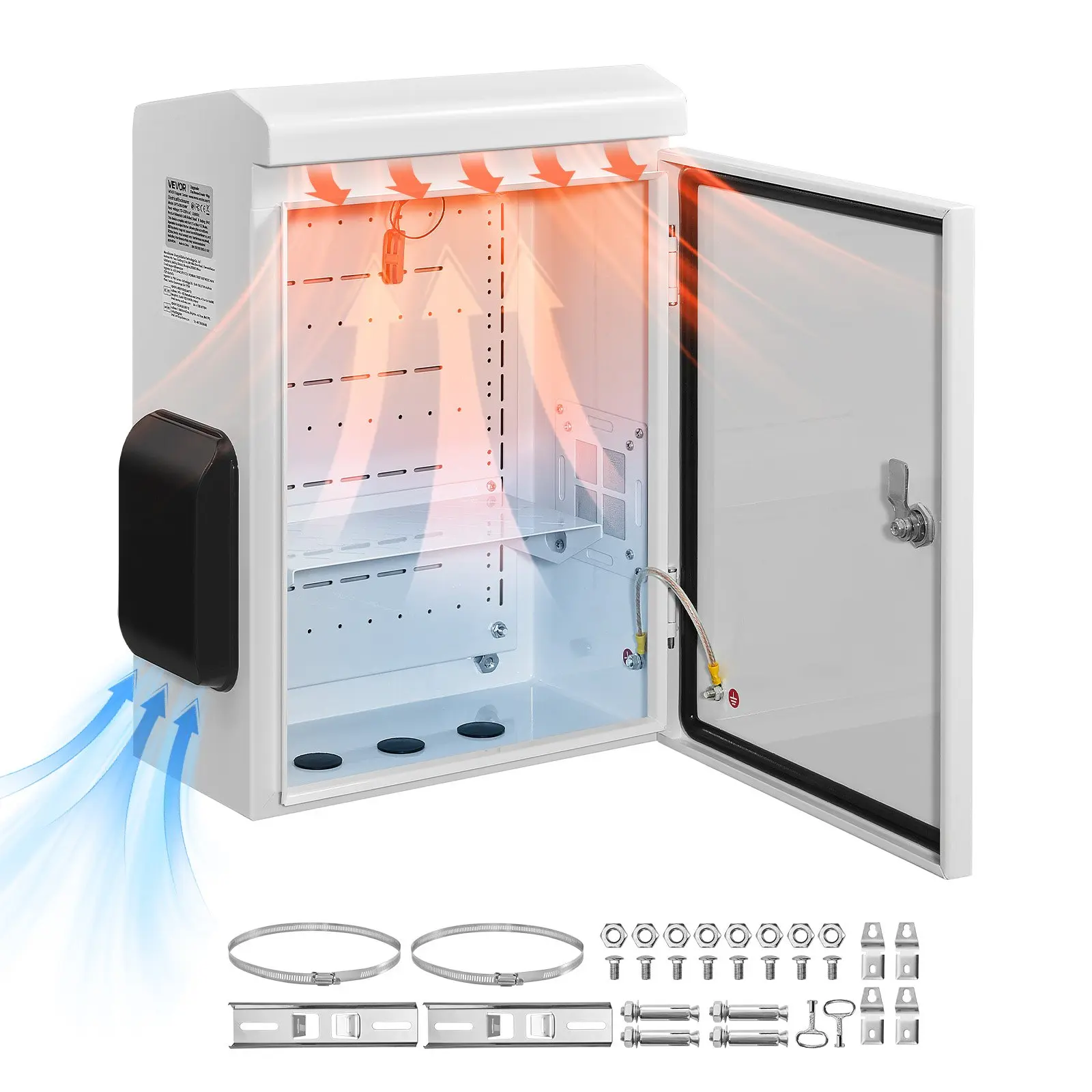 VEVOR IP65 Rated Waterproof Outdoor Electrical Junction Box, Cold-Rolled Steel, Thermostat Fan, Rain Hood, Ventilated Hinged Enclosure, Wall/Pole Mounting, 20 x 16 x 8 inches