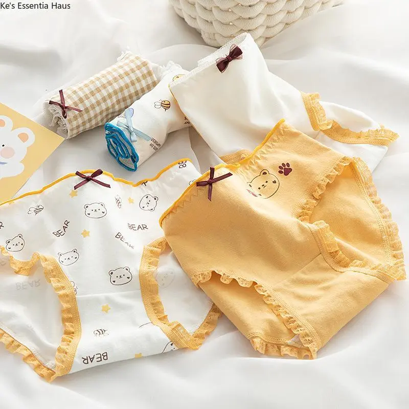 Women's 5PCS Cotton Panties Set - Cute Bear Print, Soft Breathable Stretchy Mid-Waist Underwear with Lace Ruffle Bow Decor, Yellow Plaid All-Season Daily Underwear for Ladies, Lady, Cotton Underwear, Panties For Women