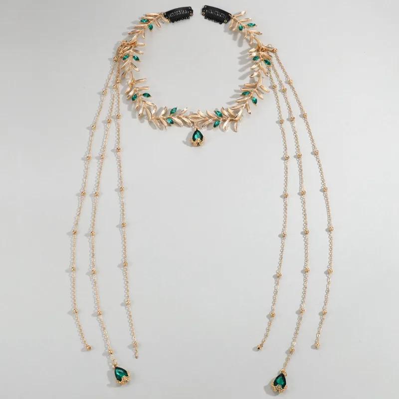 Indian Boho Bridal Headdress Fashion Golded Alloy Leaf Green Crystal Long Chain Tassel Head Chain Women's Forehead Jewelry