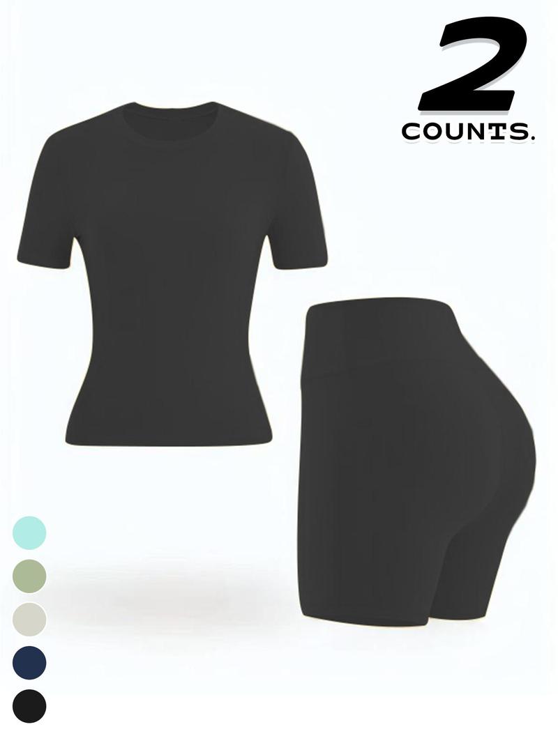 Women's Two-piece Set, Solid Color Tee & High Waist Skinny Shorts Tracksuit Set, Sporty Casual Breathable Set for Yoga Gym, Ladies Summer Sportswear, Activewear, Workout Running Clothes
