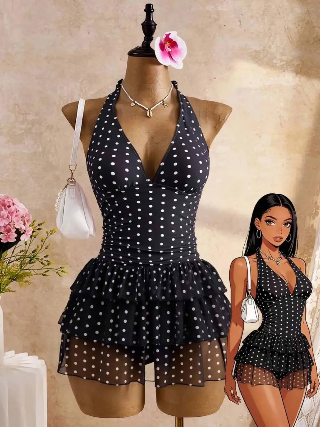 Striped Halter Two-Layer Ruffle Back Tie Dress Swimsuit, Vintage Soft Style Slimming Concealing, Women's Summer Beach Resort Swimwear Summer Beach Swimdress, Swimdress Stylish Beachwear