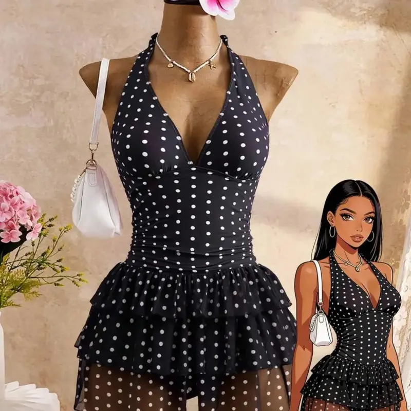 Striped Halter Two-Layer Ruffle Back Tie Dress Swimsuit, Vintage Soft Style Slimming Concealing, Women's Summer Beach Resort Swimwear Summer Beach Swimdress, Swimdress Stylish Beachwear