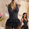 Striped Halter Two-Layer Ruffle Back Tie Dress Swimsuit, Vintage Soft Style Slimming Concealing, Women's Summer Beach Resort Swimwear Summer Beach Swimdress, Swimdress Stylish Beachwear