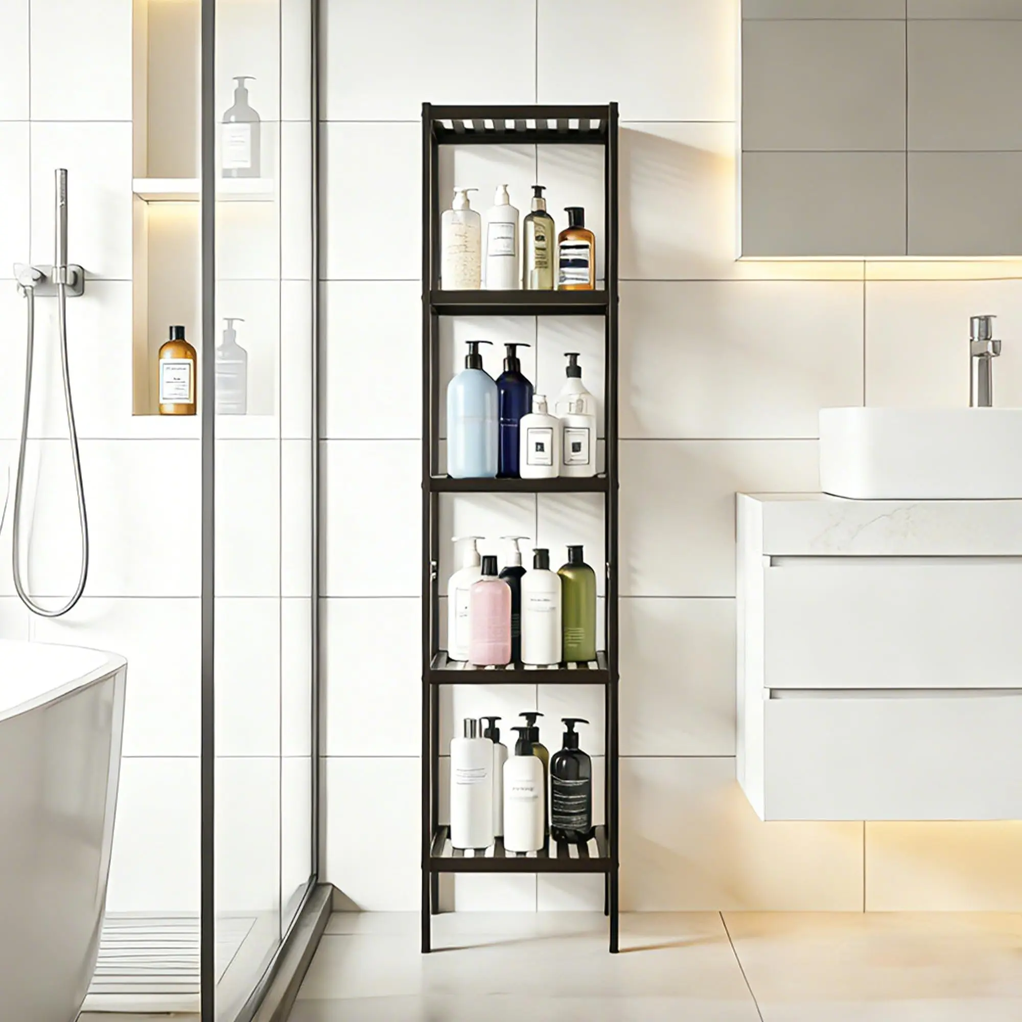 Space-Saving 5-Tier Wooden Bathroom Shelf - Narrow Standing Rack with Slatted Natural Wood Shelves - Versatile Organizer for Towels, Plants, Entryway, Kitchen, Bedroom - Easy Assembly, Original Wood Color