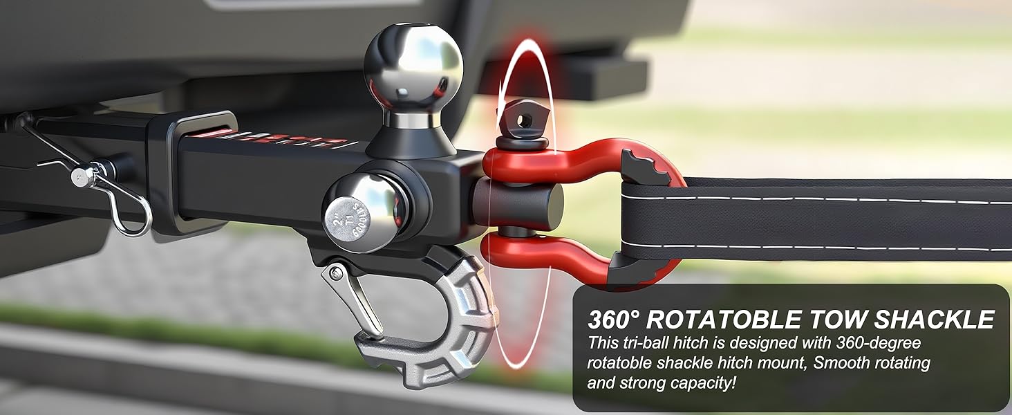 Trailer Hitch Tri-Ball Mount: with Swivel Tow Shackle and Tow Hook, fits for 2-inch Receiver, Chrome Trailer Ball Size 1-7/8", 2