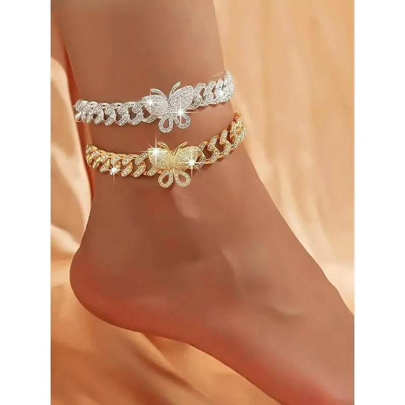 Women's Butterfly Rhinestone Chain Anklet - Fashionable Jewelry Accessories for Daily Wear, Birthday Gifts, Sports & Outdoor Footwear Use, Fashion Accessories, Leg Chain