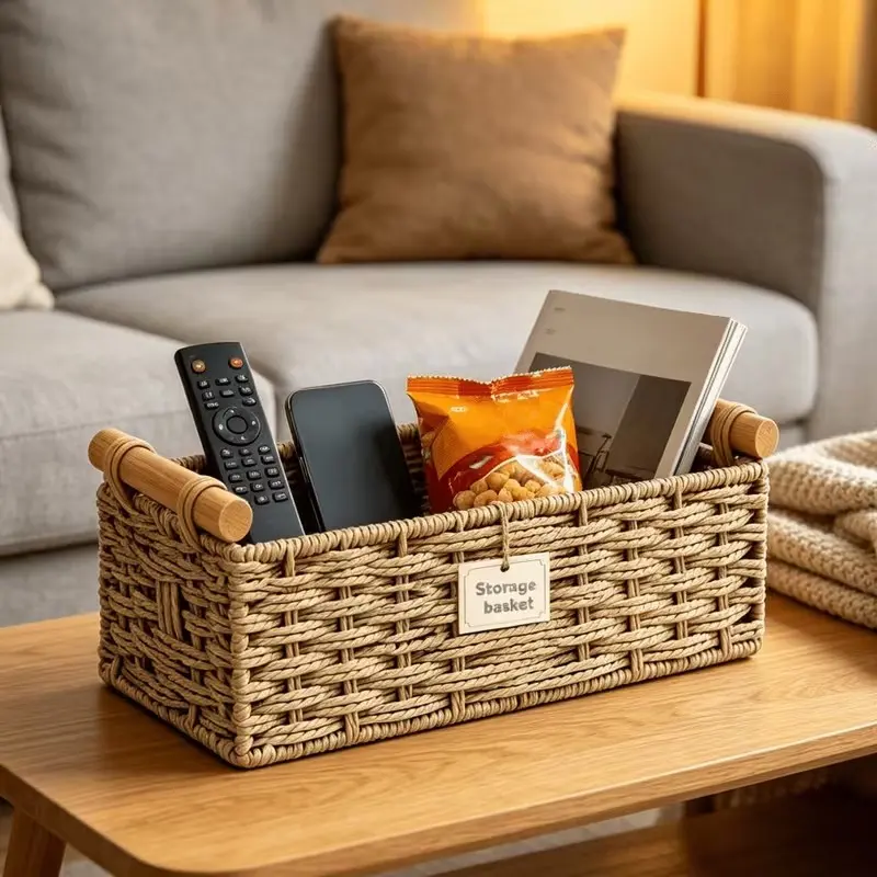 Rectangular Hand Woven Storage Basket, Solid Wood Handles, Multipurpose Organizer Bin, Rustic Farmhouse Aesthetic, Home Decor Caddy, Decorative Basket, Rectangle Basket, Basket with Handles