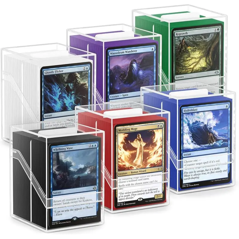 6 Pack Card Deck Boxes, Clear Commander Deck Case with 600Pcs Card Sleeves and Dividers, Standard Size Cards Storage Box Fit for MTG, Sport, Trading Cards (6 colors)