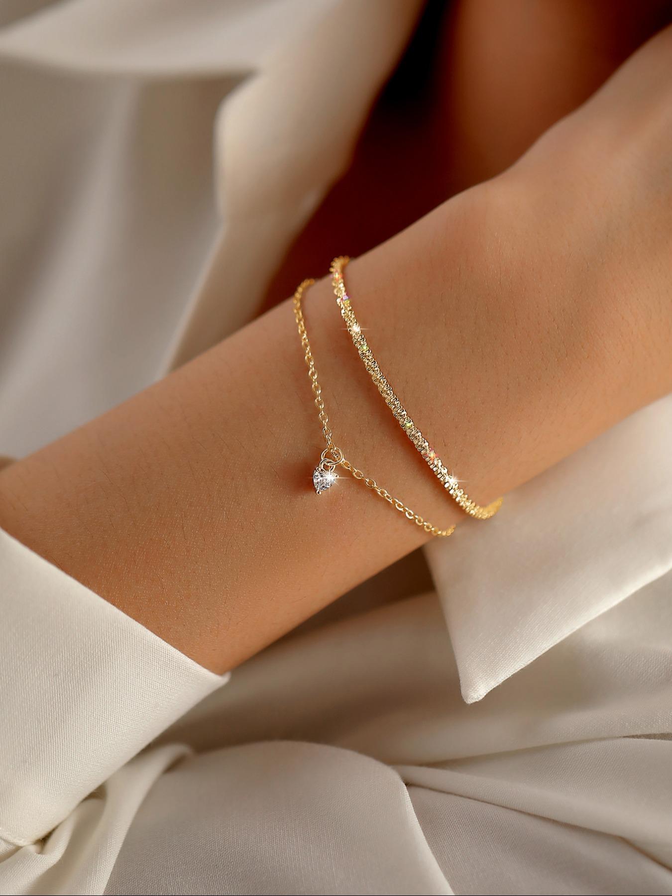 Women's Elegant Rhinestone Decorated Link Bracelet, Exquisite Trendy Bracelet, Fashionable Jewelry for Women As Gift, Rhinestone Bangle Bracelet