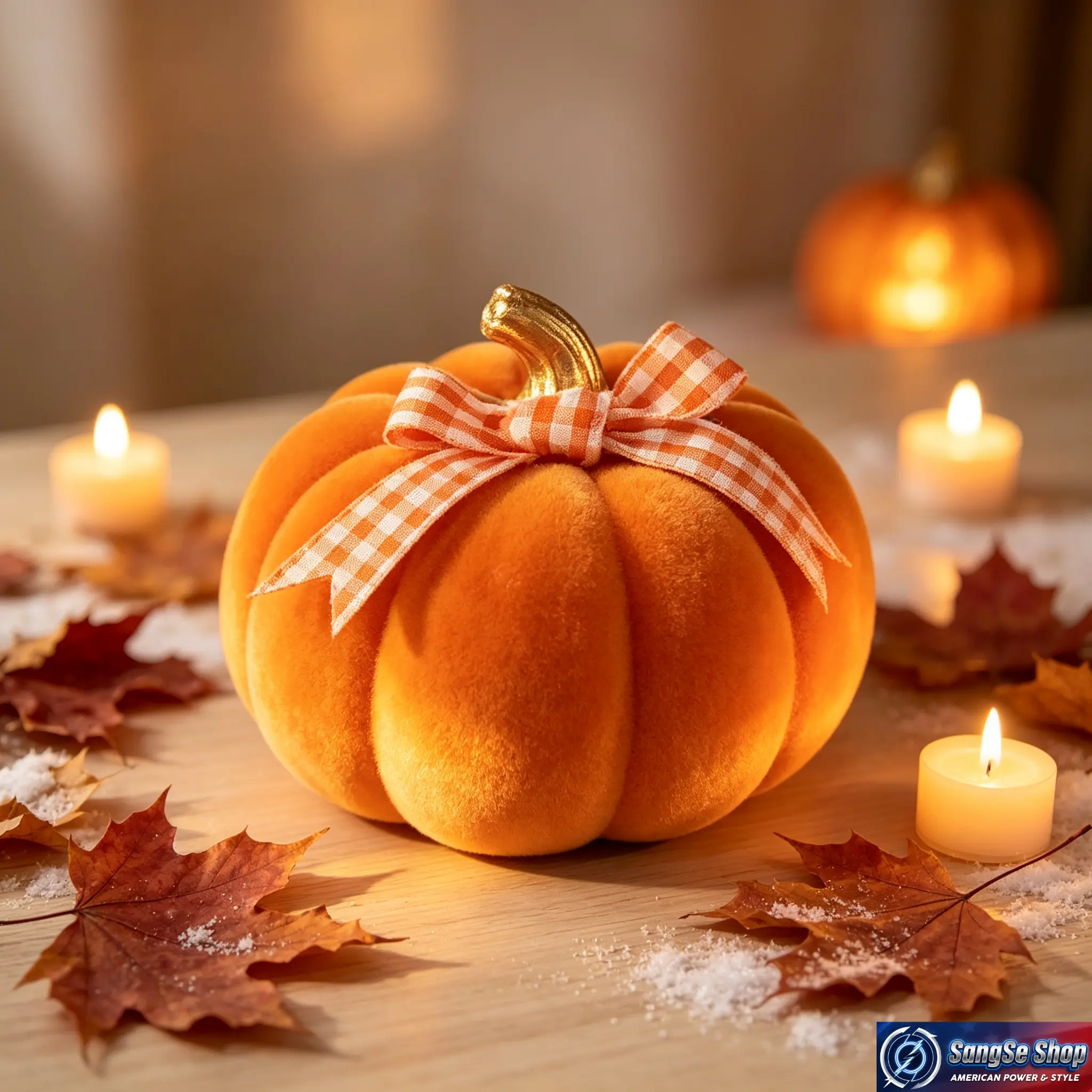 Plush Orange Velvet Pumpkin Decor with Gingham Bow, Farmhouse Rustic Fall Table Centerpiece for Thanksgiving, Mantel and Tiered Tray, Decorative, Plush Texture, Pumpkin Shape