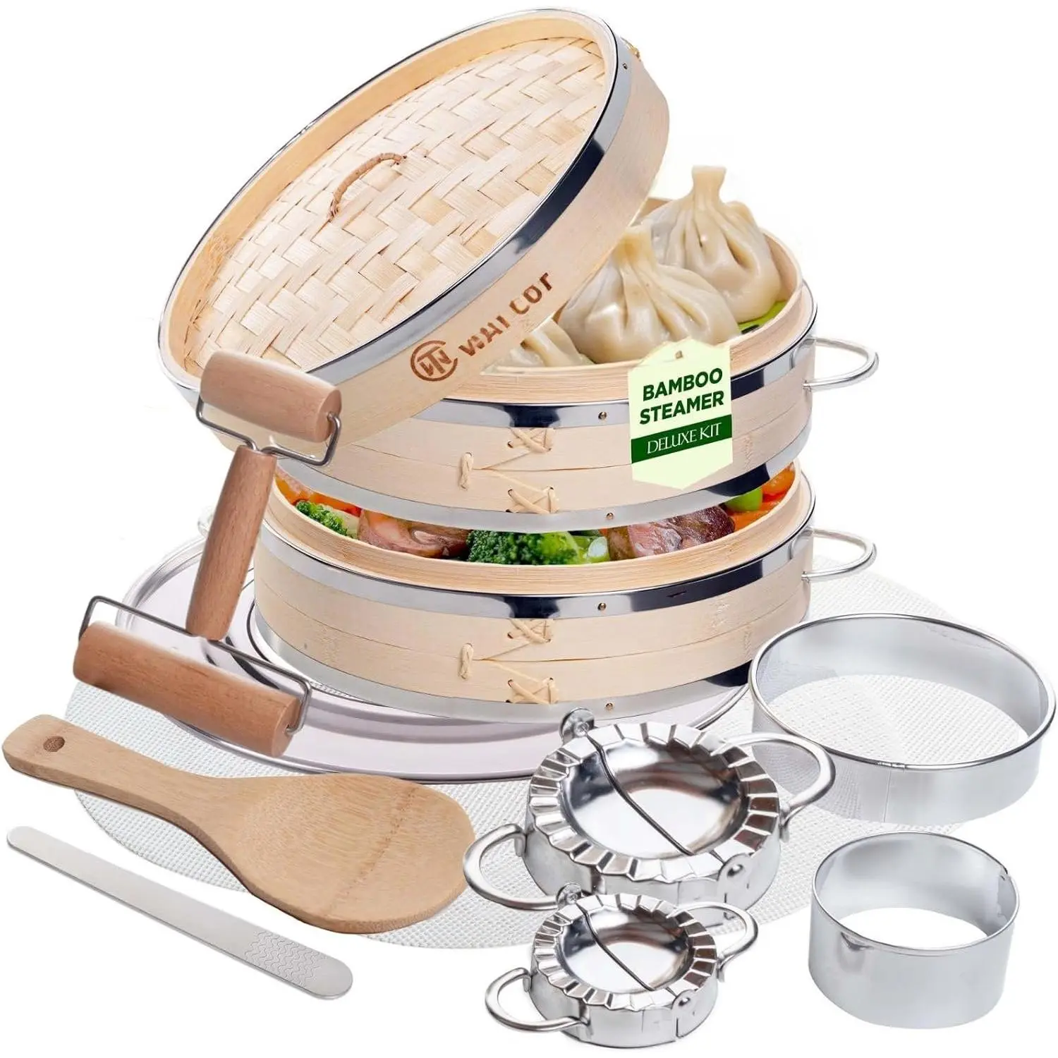 Steamer Basket 10 Inch - Dumpling Steamer Basket 2 Tier with Steel Rims, Handles, Lid & Accessories,  Steamers For Cooking Steam Bao Bun Dim Sum Potsticker Veg, 10"  Steaming Baskets