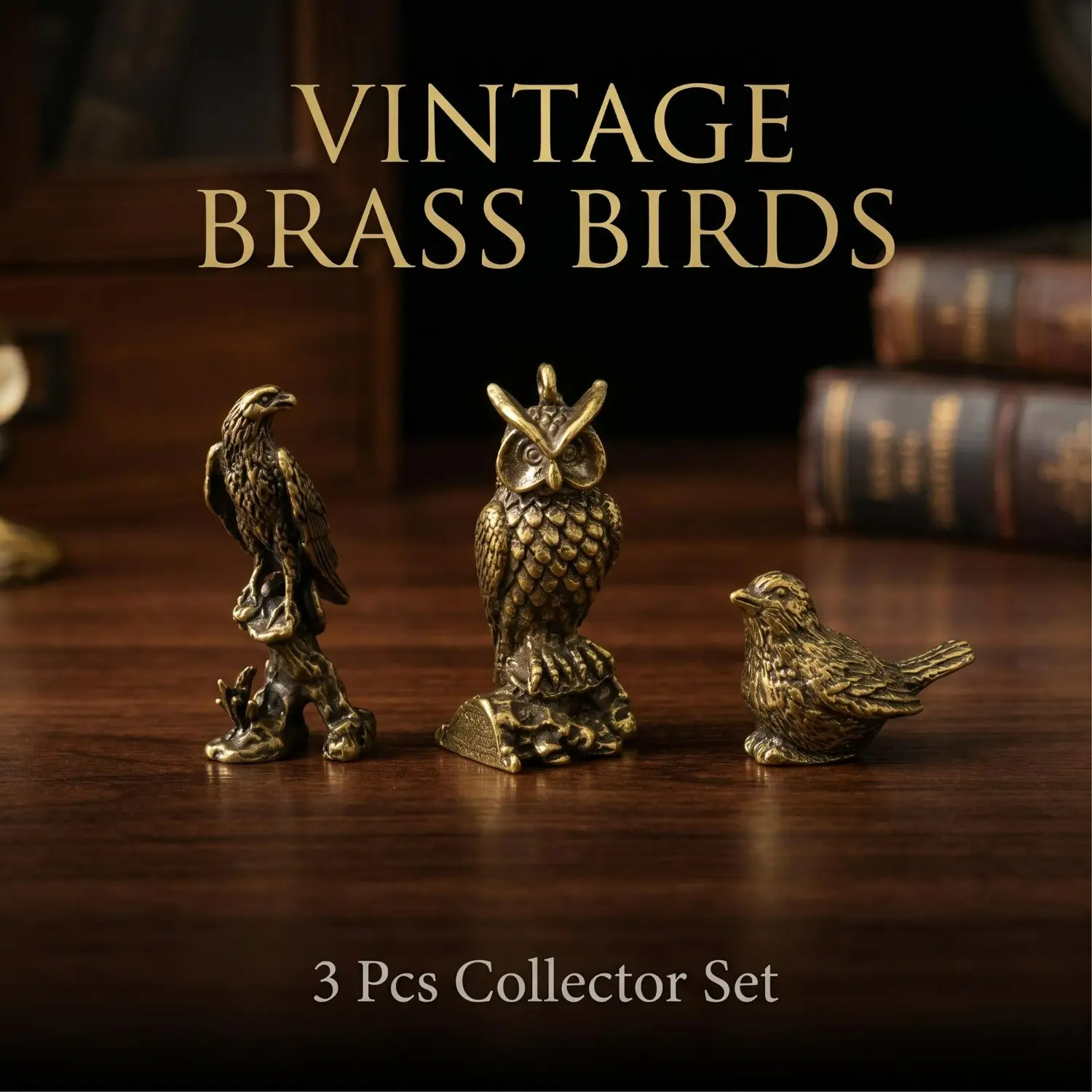 3pcs Vintage Solid Brass Mini Bird Figurine, Retro Carved Small Copper Statue Ornament, 3 Styles (Eagle, Owl, Sparrow) for Tea Pet Desktop Decor Hand Play Collectible