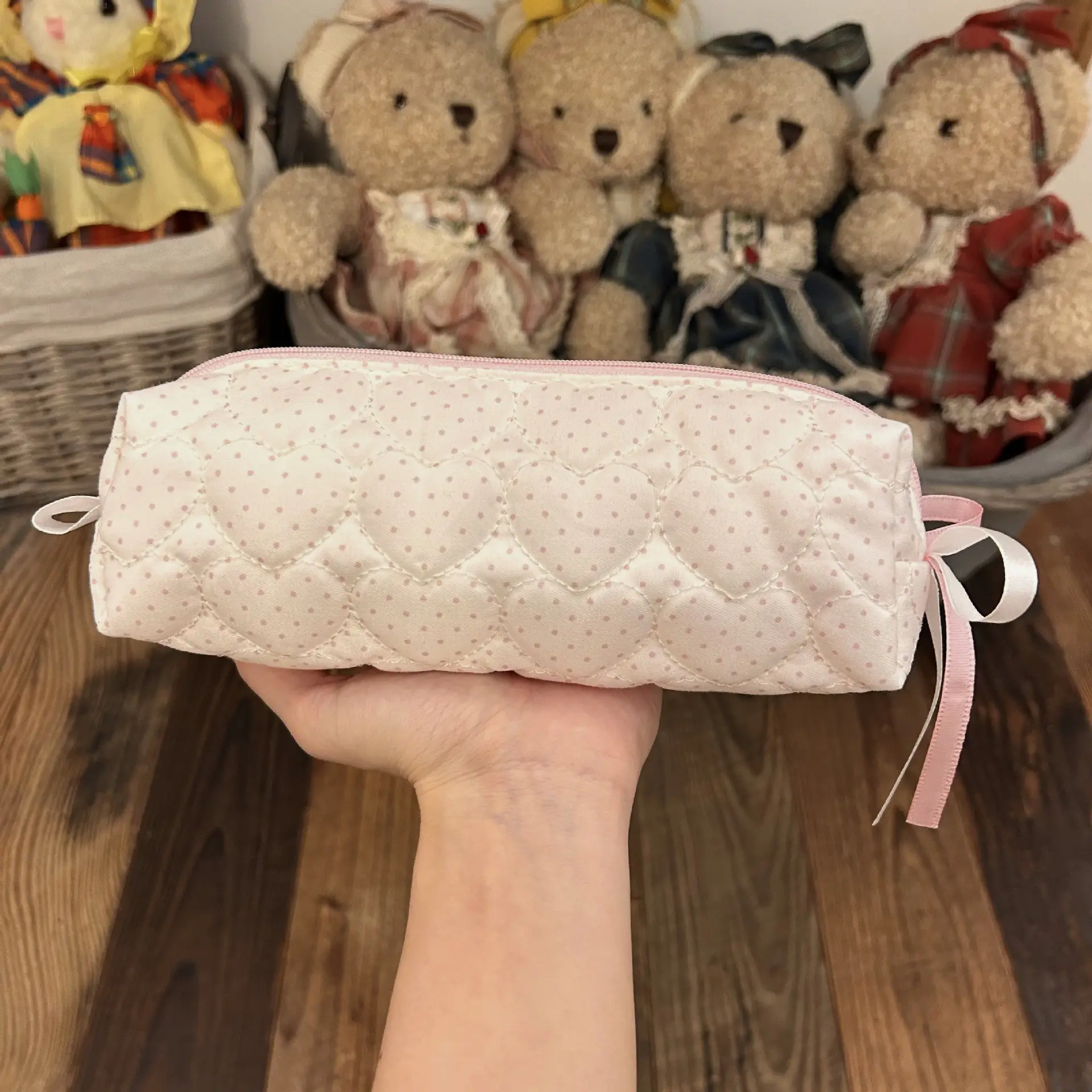 Korean Style Bow Polka Dot Cute Pencil Case, Large Capacity Portable Cosmetic Makeup Storage Bag, Aesthetic Stationery for Daily Use