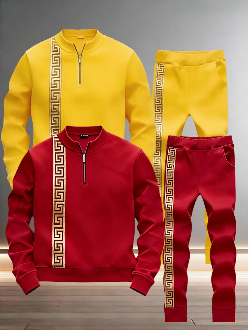 Retro Greek Key Accent Men's Tracksuit - Half-Zip Stand Collar 2-Piece Activewear (Multi-Color)