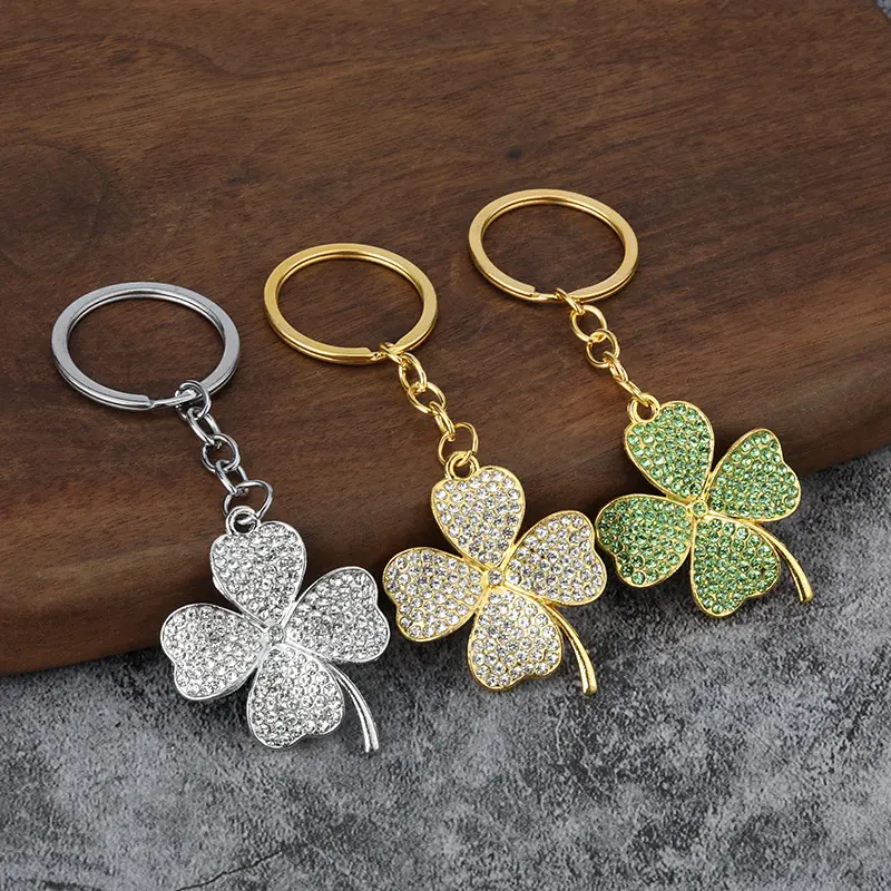 Rhinestone Four Leaf Clover Keychain Lucky Shamrock Crystal Pendant Key Ring Luxury Women Bag Charm Birthday Gift