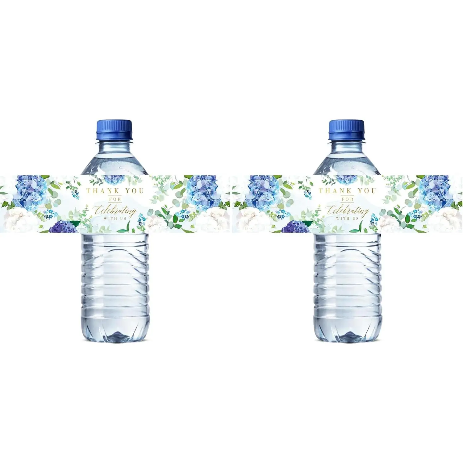 Wedding Water Bottle Labels - 50-Count Blue Floral Foil Finish Office Labels with Printed Text for Wedding, Bridal Shower Parties