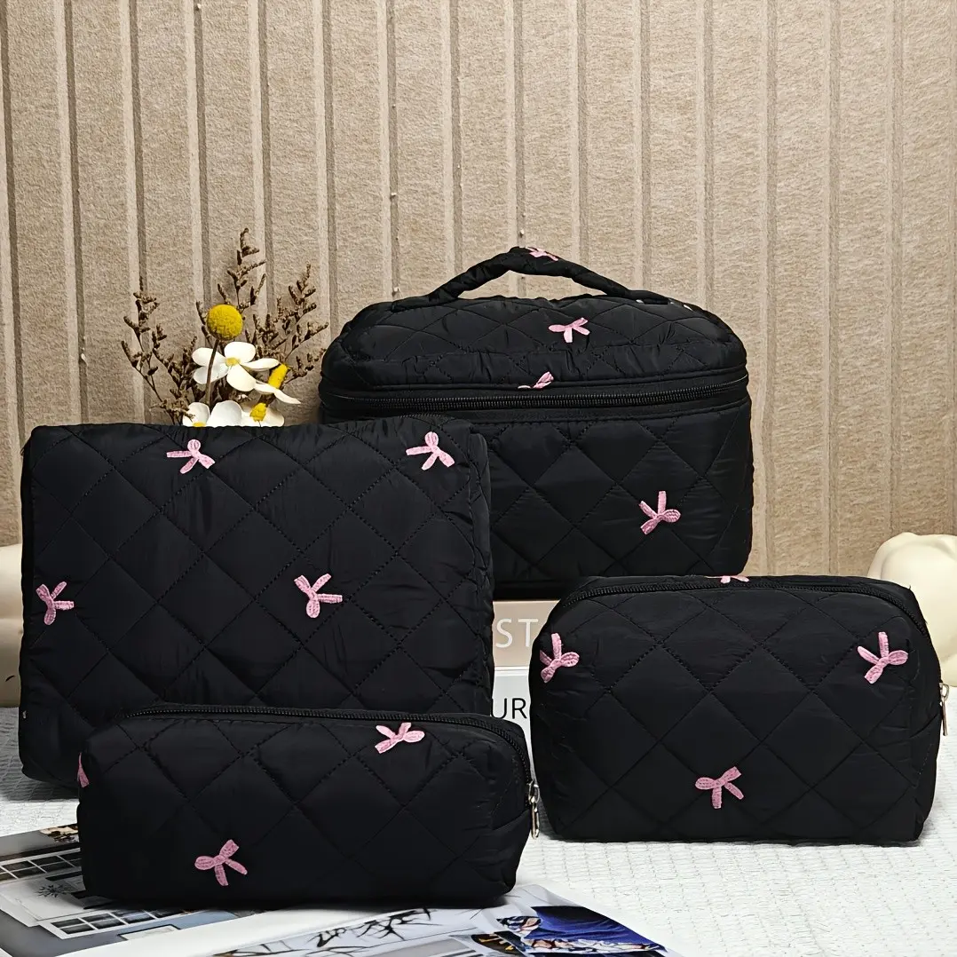 4-Piece Summer Bow Quilted Makeup Cosmetic Bag Set, Large Capacity Travel Makeup Case, Portable Foldable Wash Kit, Brush Organizer