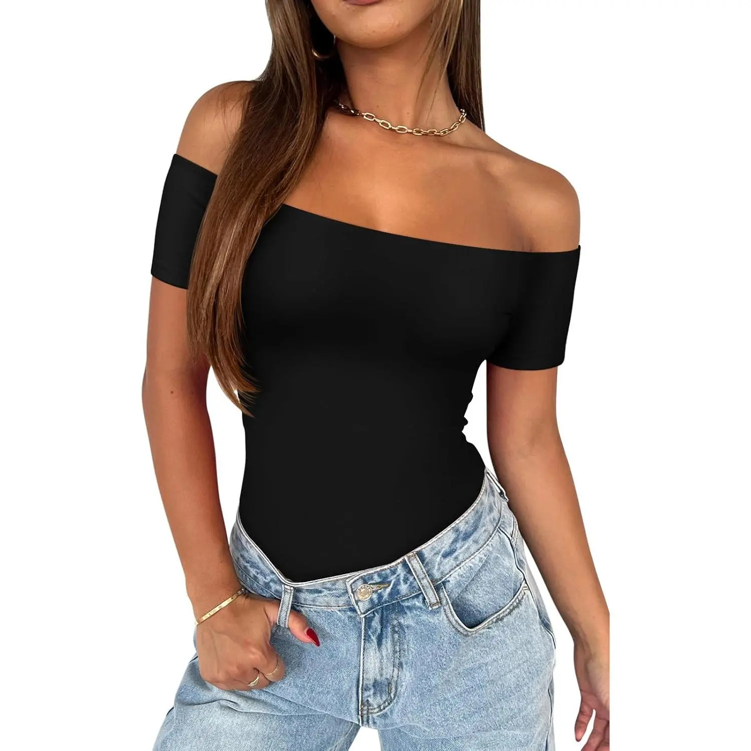 Women Sexy Off The Shoulder Short Sleeve Backless Basic Double Lined Thong Bodysuit TopsGift.