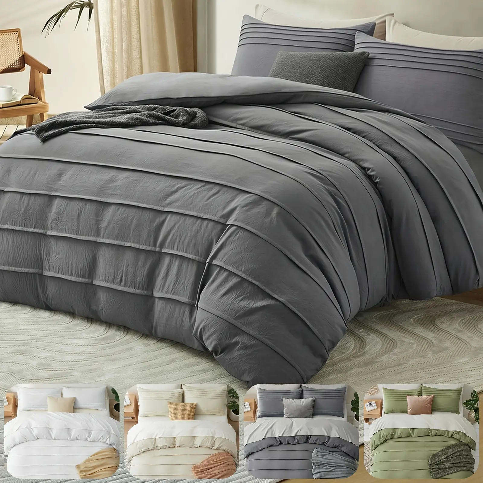 Ins Style 3pcs Pleated Duvet Cover Set, Soft Breathable Textured Bedding Set with Zipper Closure, All Season Washable Fade & Shape Resistant Skin-Friendly, 1 Duvet Cover + 2 Pillow Shams for Bedroom Best Gift