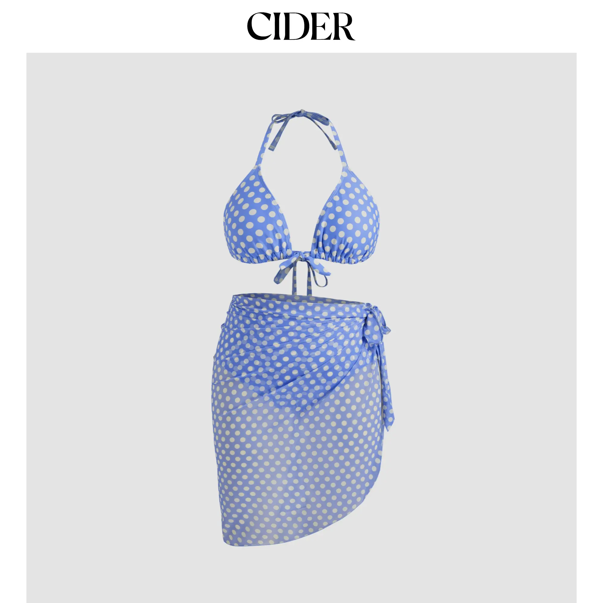 Cider V-neck Polka Dot Halter Full Coverage Bikini Set With Sarong Curve & Plus