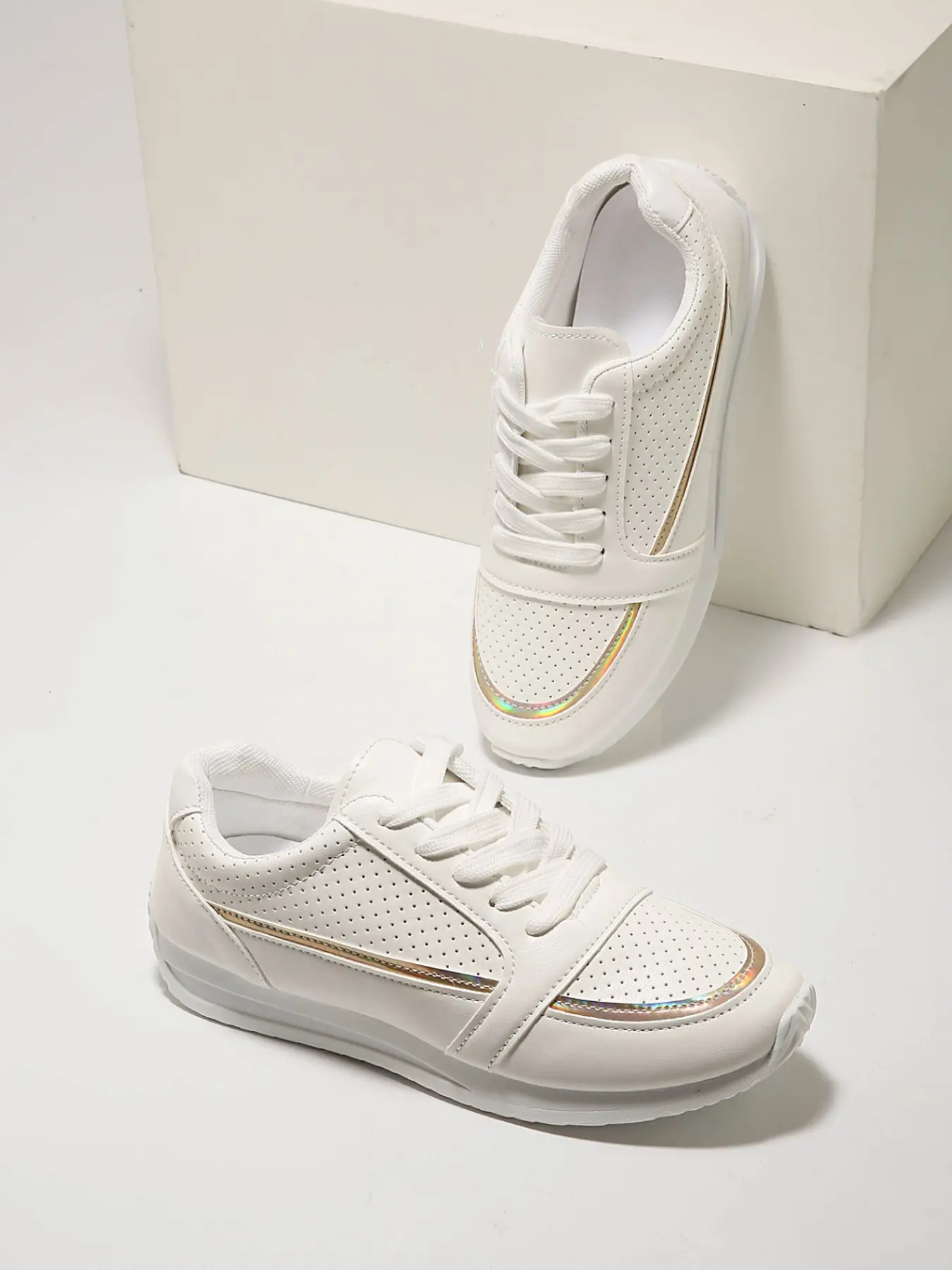 Beautiful Women's Sneakers, Breathable Perforated, Colorful Laser Strips, Low Top Lace-Up, Lightweight Flat Sole, Fashion Casual