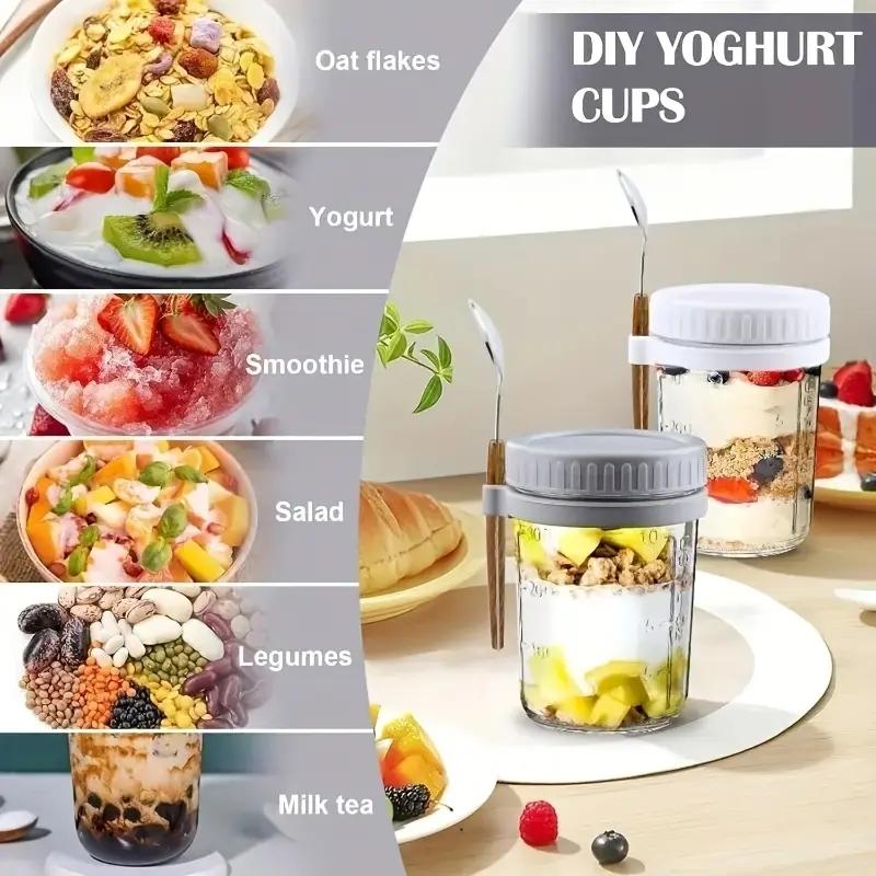12oz Glass Salad Jar with Spoon, Portable Overnight Oatmeal Cup, Reusable Yogurt Container for Breakfast, Healthy Eating Containers, Perfect Gift for Holidays