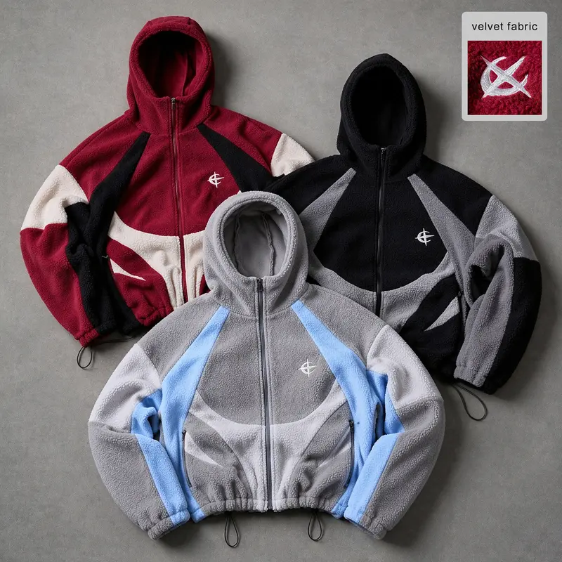 Color-block snow leopard fleece hooded jacket; geometric paneling, embroidered logo; street-style zip-up fleece outerwear