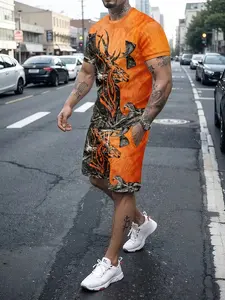 Men's 3D Short Sleeve Tee and Shorts Set, Casual Slim-Fit All-Over Print, Trendy Two-Piece Ensemble for All Seasons