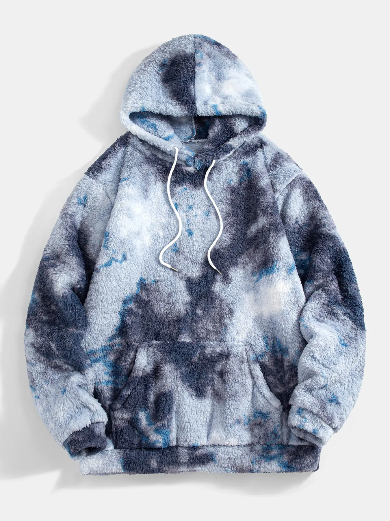 Tie-Dye Plush Fleece Hoodie for Men, Soft Warm Fuzzy Pullover Sweatshirt, Loose Hooded Top with Pocket, Casual Winter Wear