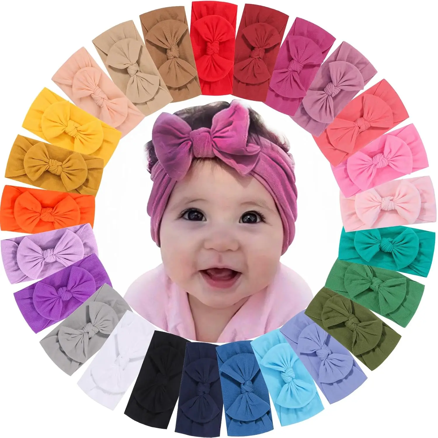 25-Pack Soft Nylon Bow Headbands, Cute Stretchy Hair Accessories for Baby Girls, Newborns & Toddlers, Cute Hair Accessories, Infant, 25Pcs, Kids