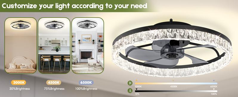 Ceiling Fans with Lights and Remote, 20'' Low Profile Ceiling Fans, 3000K-6500K Dimmable Modern Flush Mount LED Ceiling Fan, 6 Wind Speeds, Fandelier Ceiling Fan with Lights for Bedroom