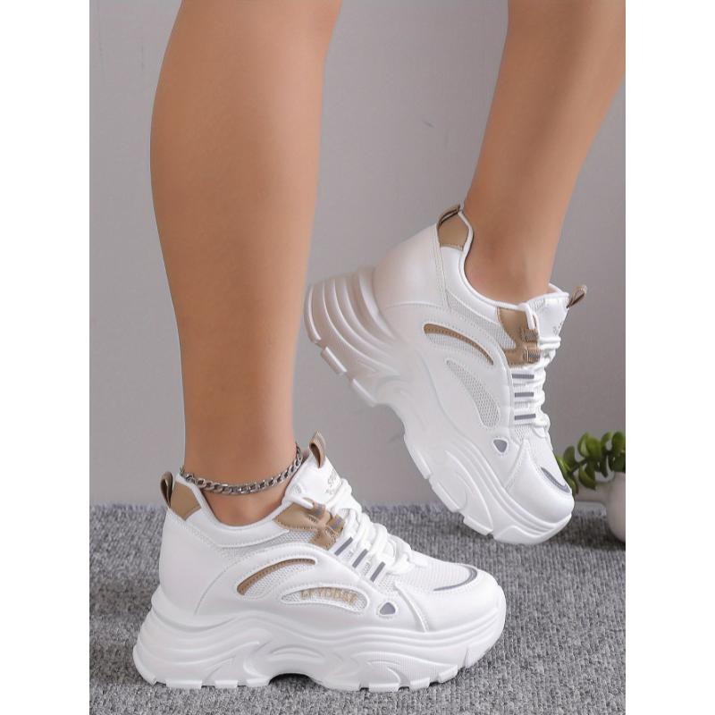 Versatile Comfy Mid-Top Solid Color Mesh Sneakers - Lace Up, Round Toe, Heightening Thick Rubber Sole, Breathable Fabric Upper, All-Season Casual Shoes for Women