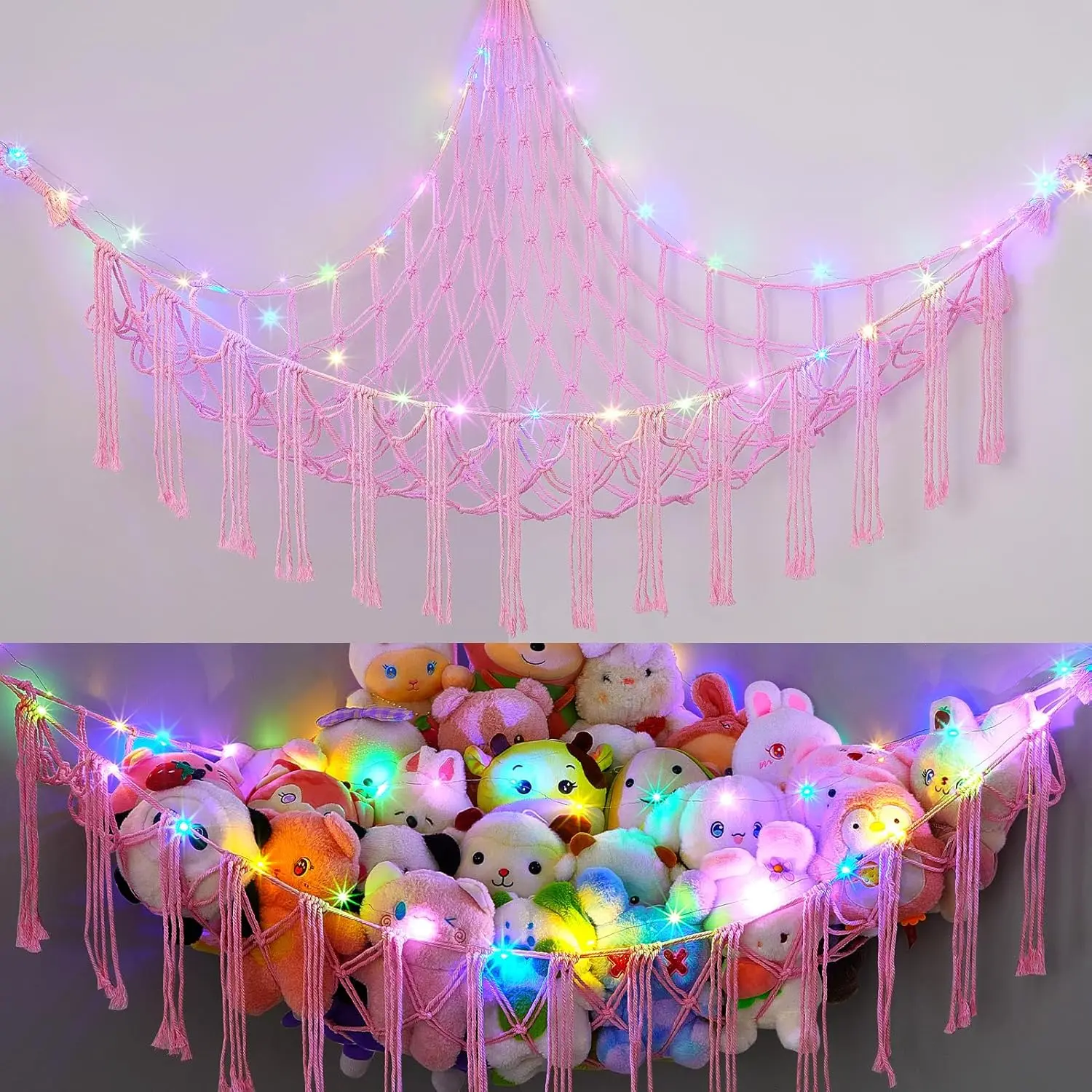Stuffed Animals Net or Hammock with LED Light, Hanging Stuffed Animals Storage Toy Hammock Net Corner Wall Girls Room Decor Toy Storage Organizer, Pink, XL New model