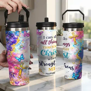 Inspirational Religious Christian Gifts, Travel Tumbler with Lid and Straw - Philippians 4:13 Bible Verse Cross Butterfly, Stainless Steel Vacuum Coffee Cup
