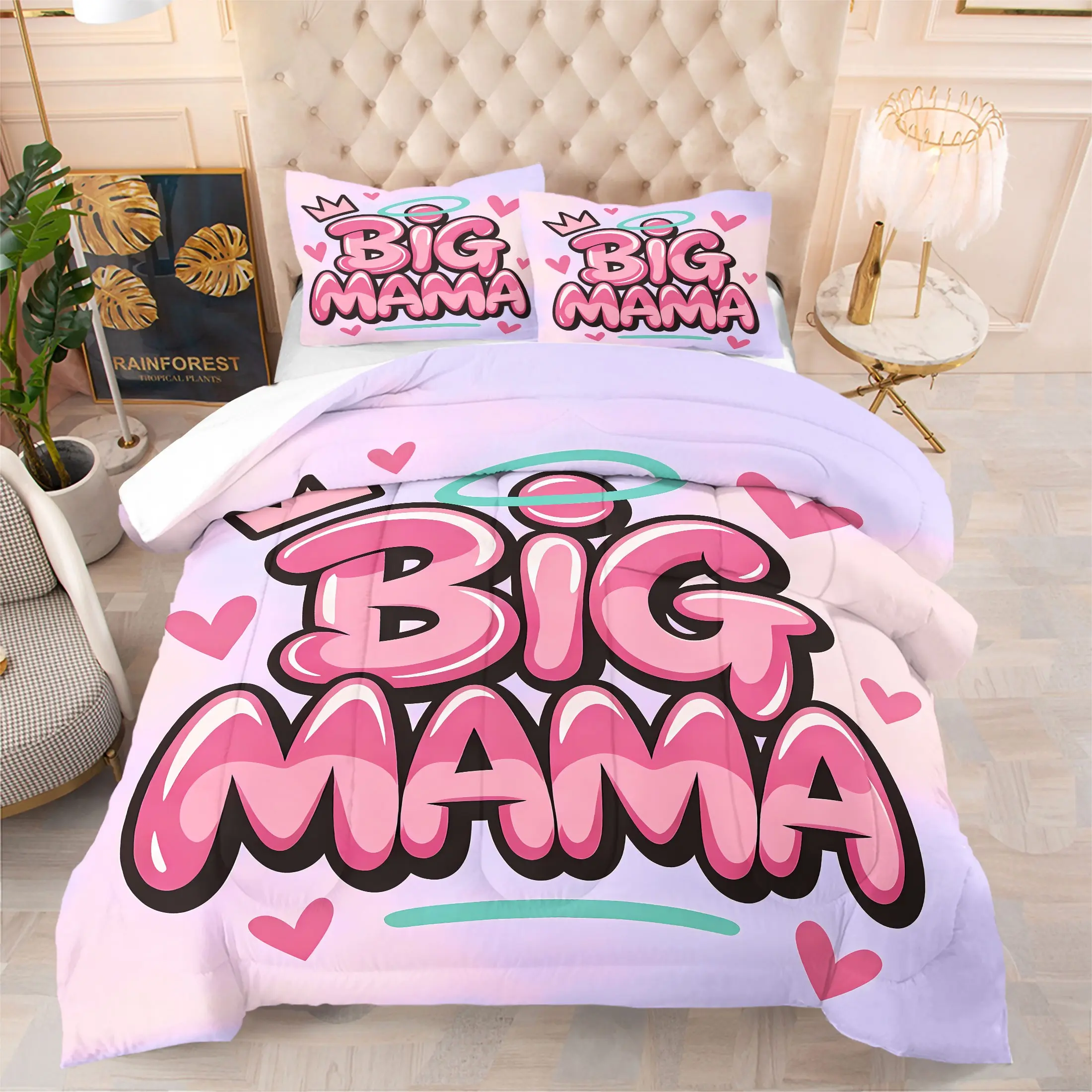 Y2K Sweet Big Mama Bubble‑Font Print Comforter Set, Printed Bedding Set, Includes 1 Comforter and 1‑2 Pillowcases, Cute Pink‑Heart Pastel Gradient Pattern, Girly Gift for Moms, Teens and Adults, Bedroom Essential for Girls Room Decor