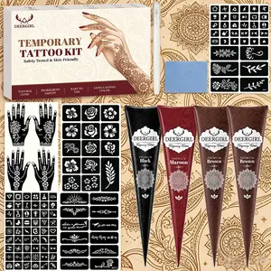 Hina temporary tattoo gift box set multi-color optional conical hand-painted paste full coverage palm flower geometric text hollow template auxiliary tools waterproof wear-resistant lasting color nail shop home hand-painted body painting supplies
