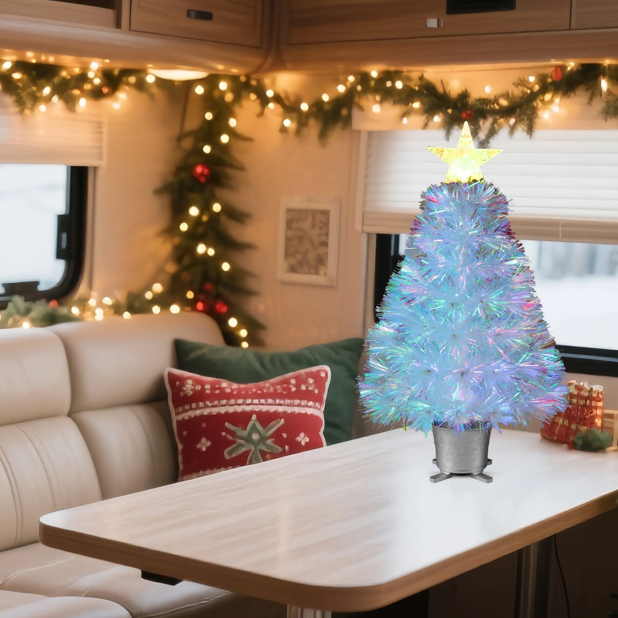60cm Fiber Optic Christmas Tree with Star Top, Colorful Lights, Silver Pot RGB LED, USB Plug, Indoor Decor for Living Room, Bedroom, Office