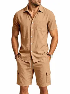 Men's Collared Linen 2-Piece Set, Breathable Single Pocket Shirt & Dual Cargo Drawstring Shorts, Loose Solid Beach Vacation Suit, Versatile Men Outfit, Multi Colors & Sizes In Stock
