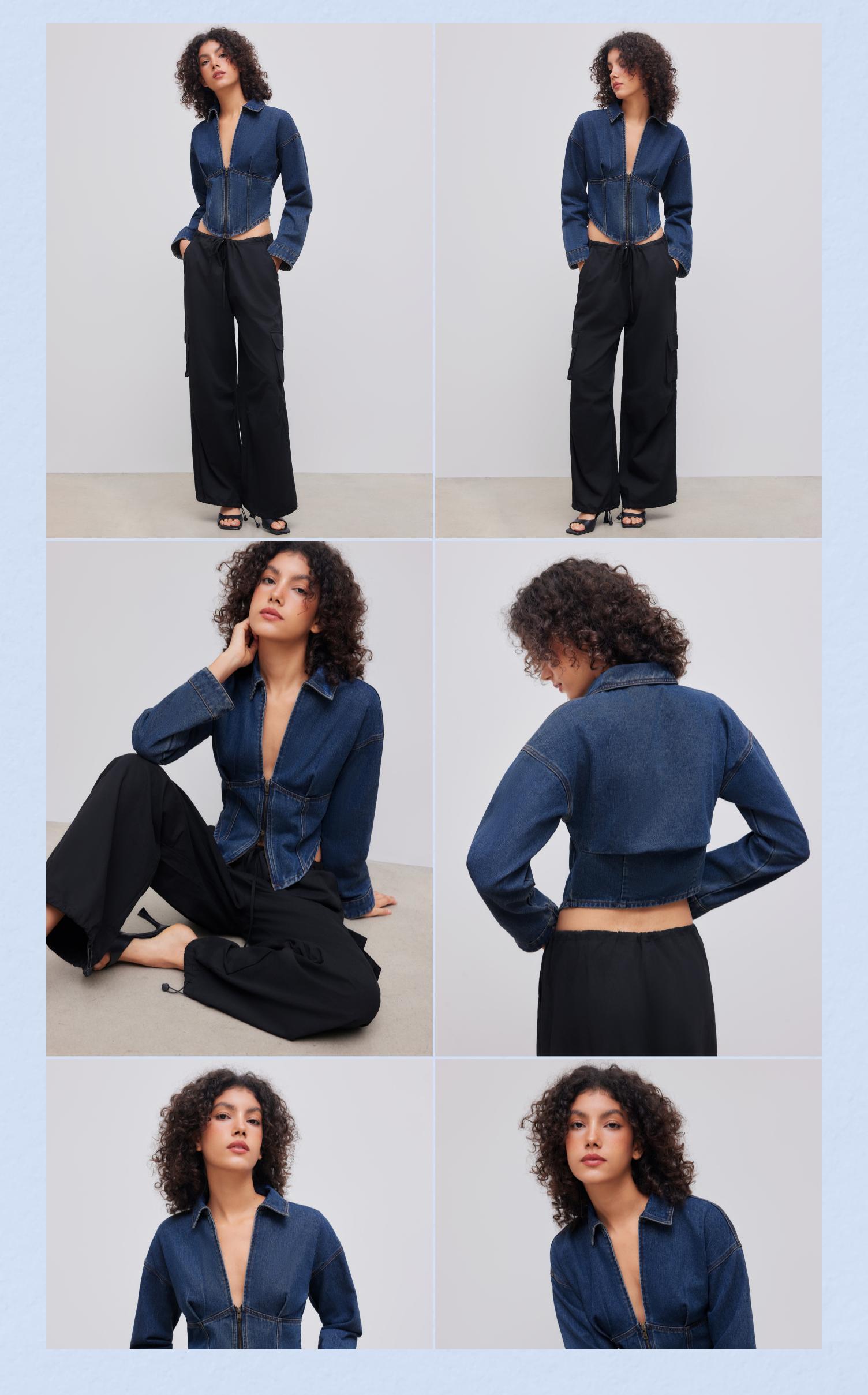 Cider [size 0-10] Denim Collar Solid Corset Zipper Jacket